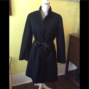 Kenar Black Long Wool Coat with Ribbon Belt sz 10